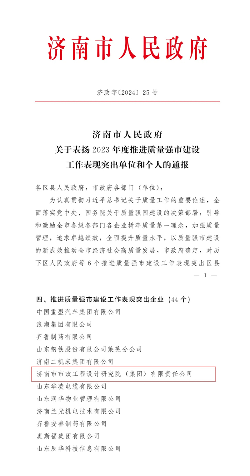 喜报 | 集团获评2023年度济南市推进质量强市建设工作表现突出企业